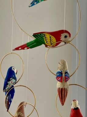 Mobile of Wooden Tropical Birds. Seven Flying Birds on Metal Swings.